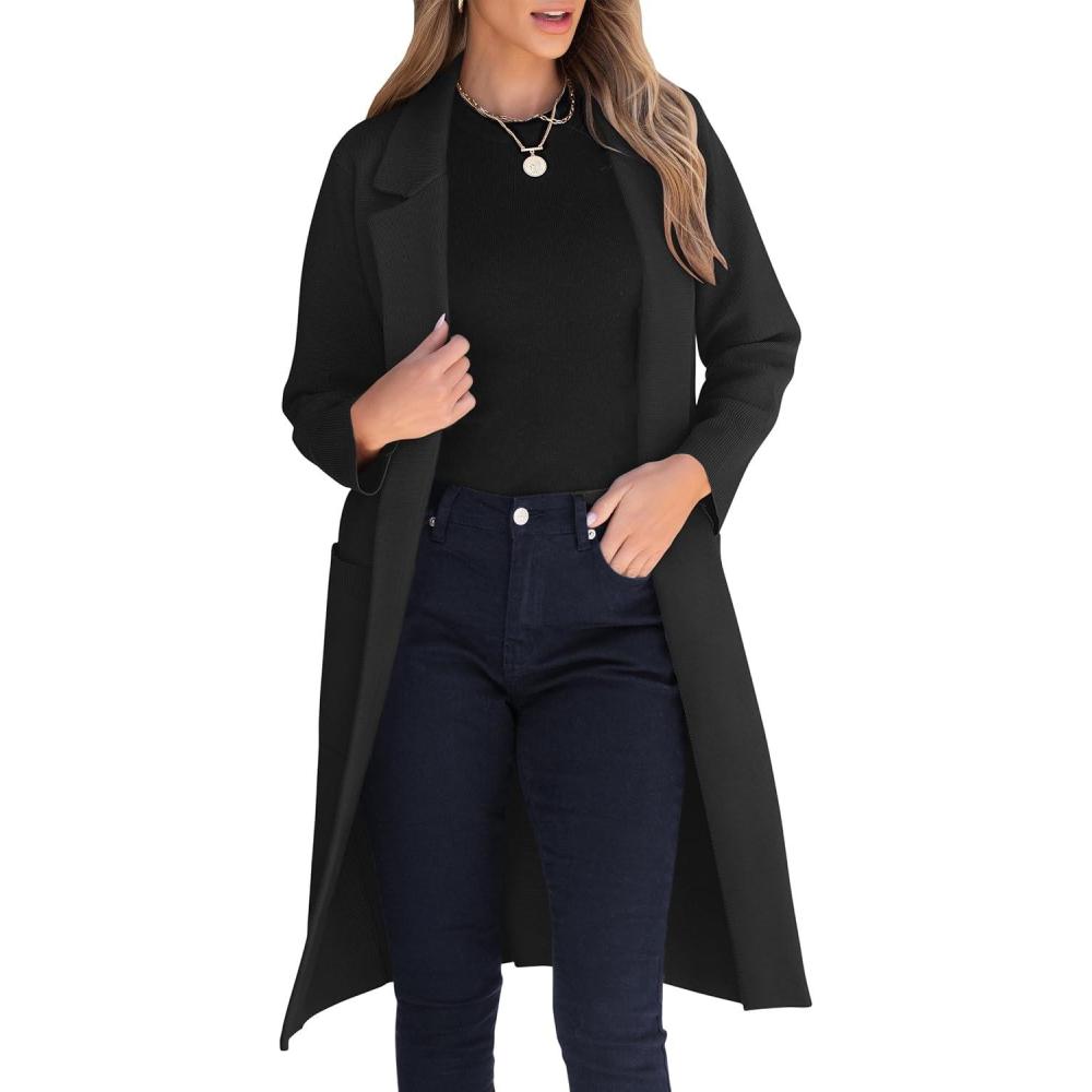imageANRABESS Womens Cardigan Sweater 2025 Fall Outfits Knitted Lapel Long Coats CoatigansBlack