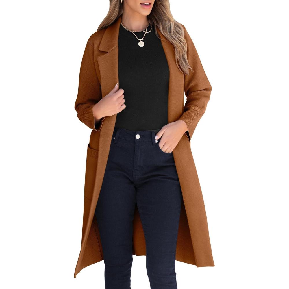 imageANRABESS Womens Cardigan Sweater 2025 Fall Outfits Knitted Lapel Long Coats CoatigansCaramel