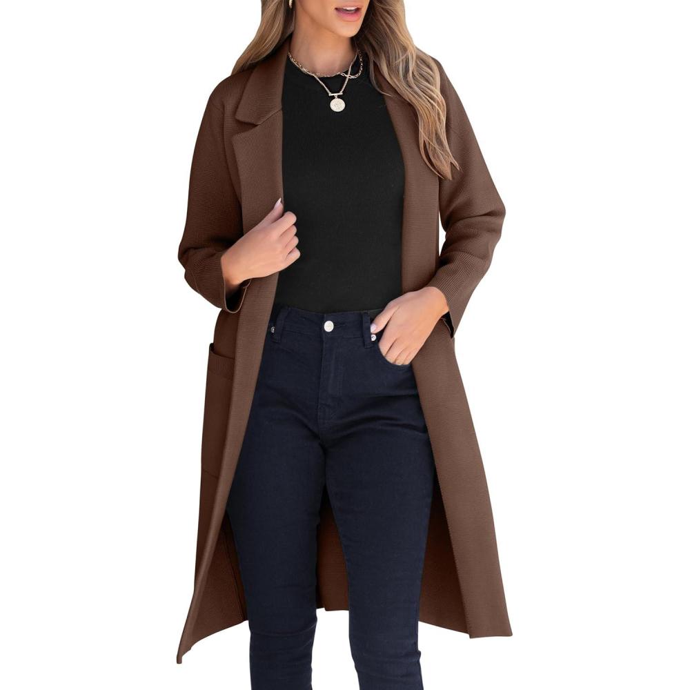 imageANRABESS Womens Cardigan Sweater 2025 Fall Outfits Knitted Lapel Long Coats CoatigansCoffee