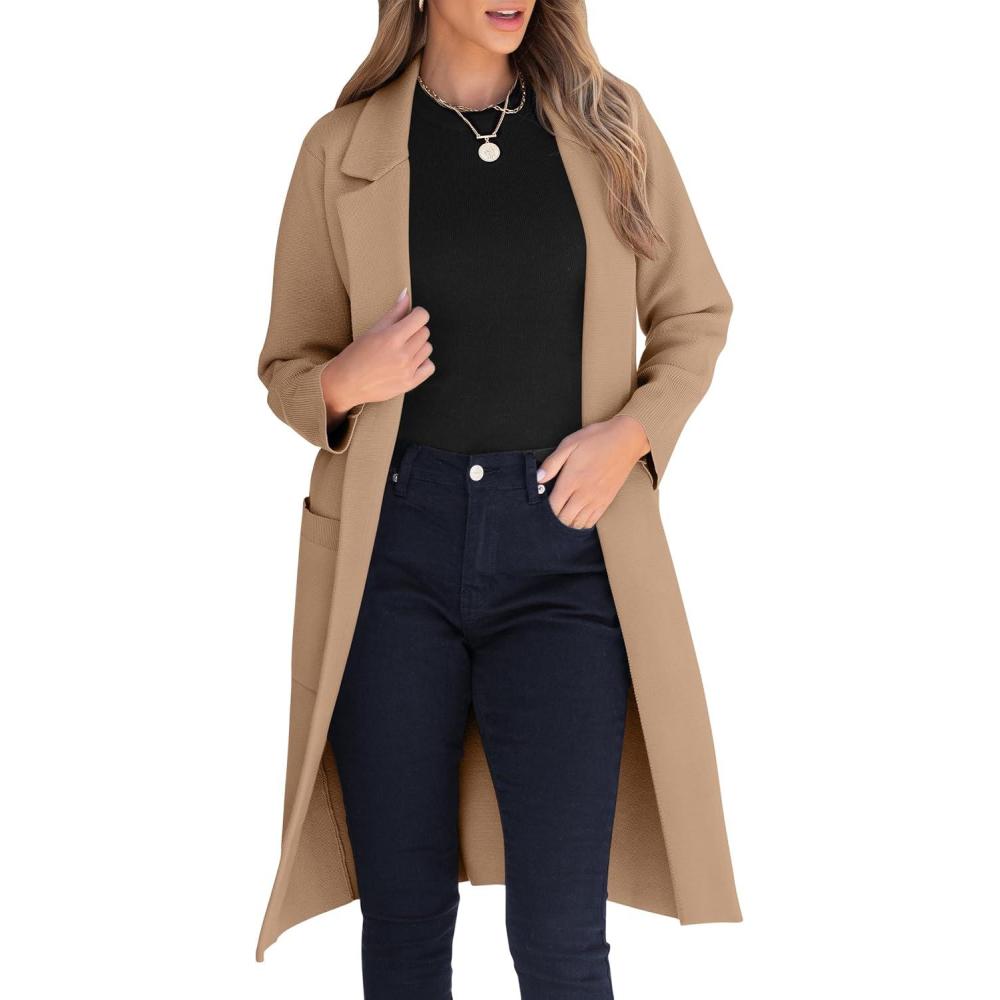 imageANRABESS Womens Cardigan Sweater 2025 Fall Outfits Knitted Lapel Long Coats CoatigansDeep Apricot