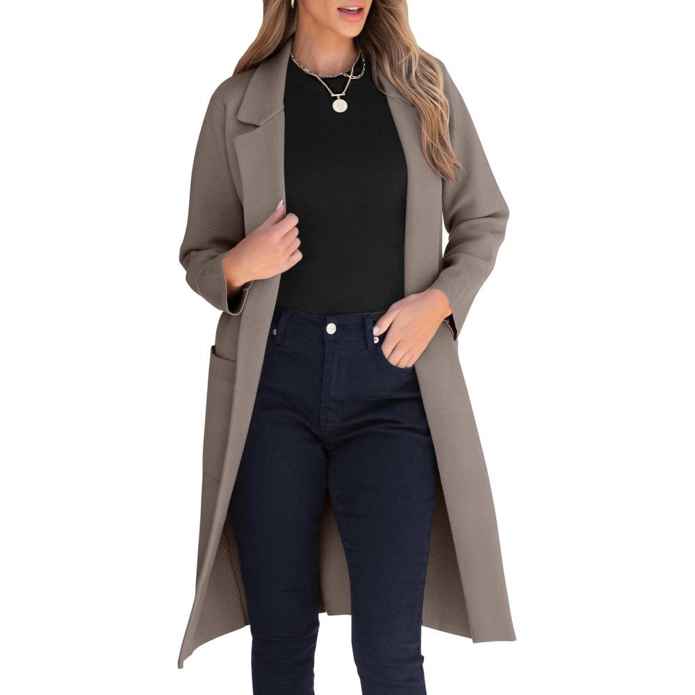 imageANRABESS Womens Cardigan Sweater 2025 Fall Outfits Knitted Lapel Long Coats CoatigansGray