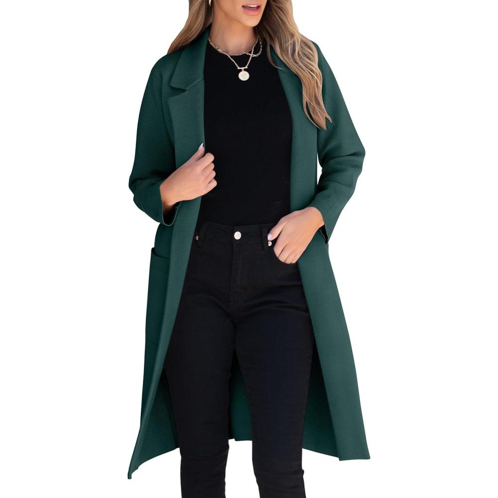 imageANRABESS Womens Cardigan Sweater 2025 Fall Outfits Knitted Lapel Long Coats CoatigansGreen