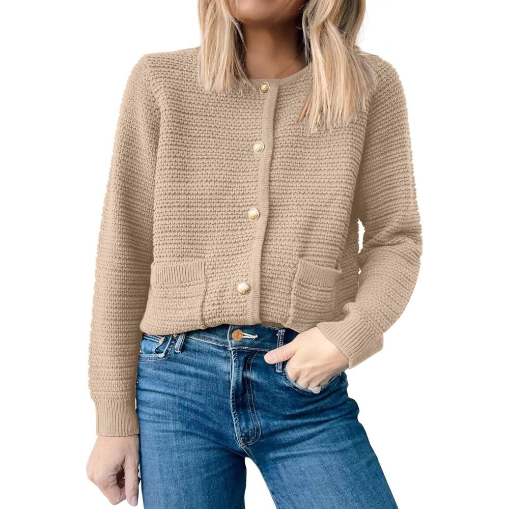 imageANRABESS Womens Cardigan Sweater Long Sleeve Button Down Lady Tweed Knit Jackets 2025 Fall OutfitsKhaki