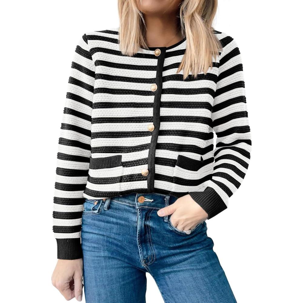imageANRABESS Womens Cardigan Sweater Long Sleeve Button Down Lady Tweed Knit Jackets 2025 Fall OutfitsWhite Black Strip