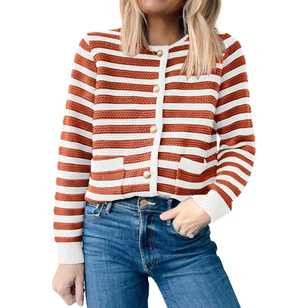 imageANRABESS Womens Cardigan Sweater Long Sleeve Button Down Lady Tweed Knit Jackets 2025 Fall OutfitsWhite Orange Strip
