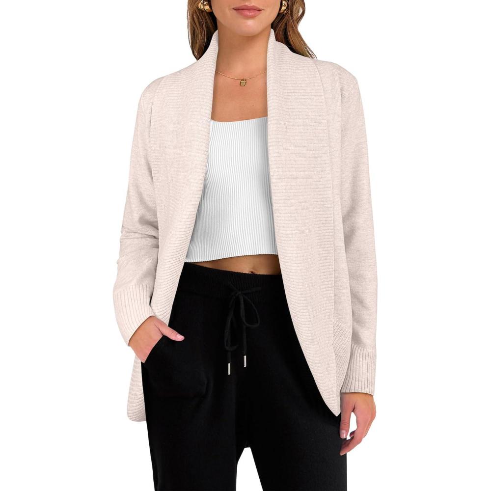 imageANRABESS Womens Cardigan Sweaters Open Front Long Sleeve Shawl Neck Knit Dressy Casual 2025 Trendy Fall Winter Outerwear CoatAlmond