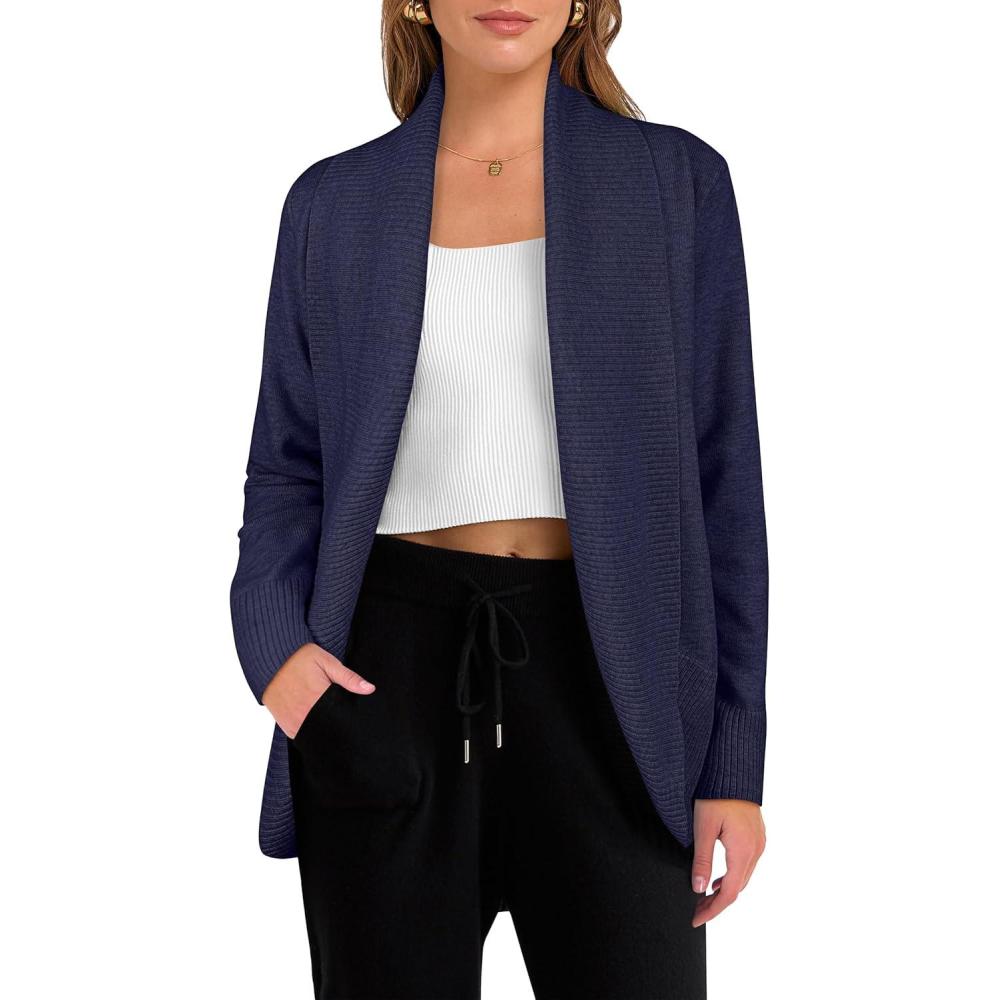 imageANRABESS Womens Cardigan Sweaters Open Front Long Sleeve Shawl Neck Knit Dressy Casual 2025 Trendy Fall Winter Outerwear CoatNavy Blue