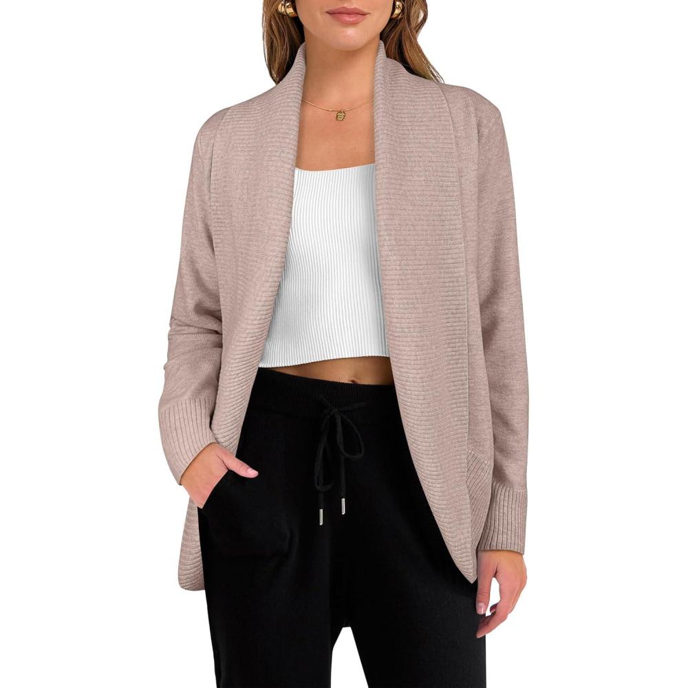 imageANRABESS Womens Cardigan Sweaters Open Front Long Sleeve Shawl Neck Knit Dressy Casual 2025 Trendy Fall Winter Outerwear CoatTan