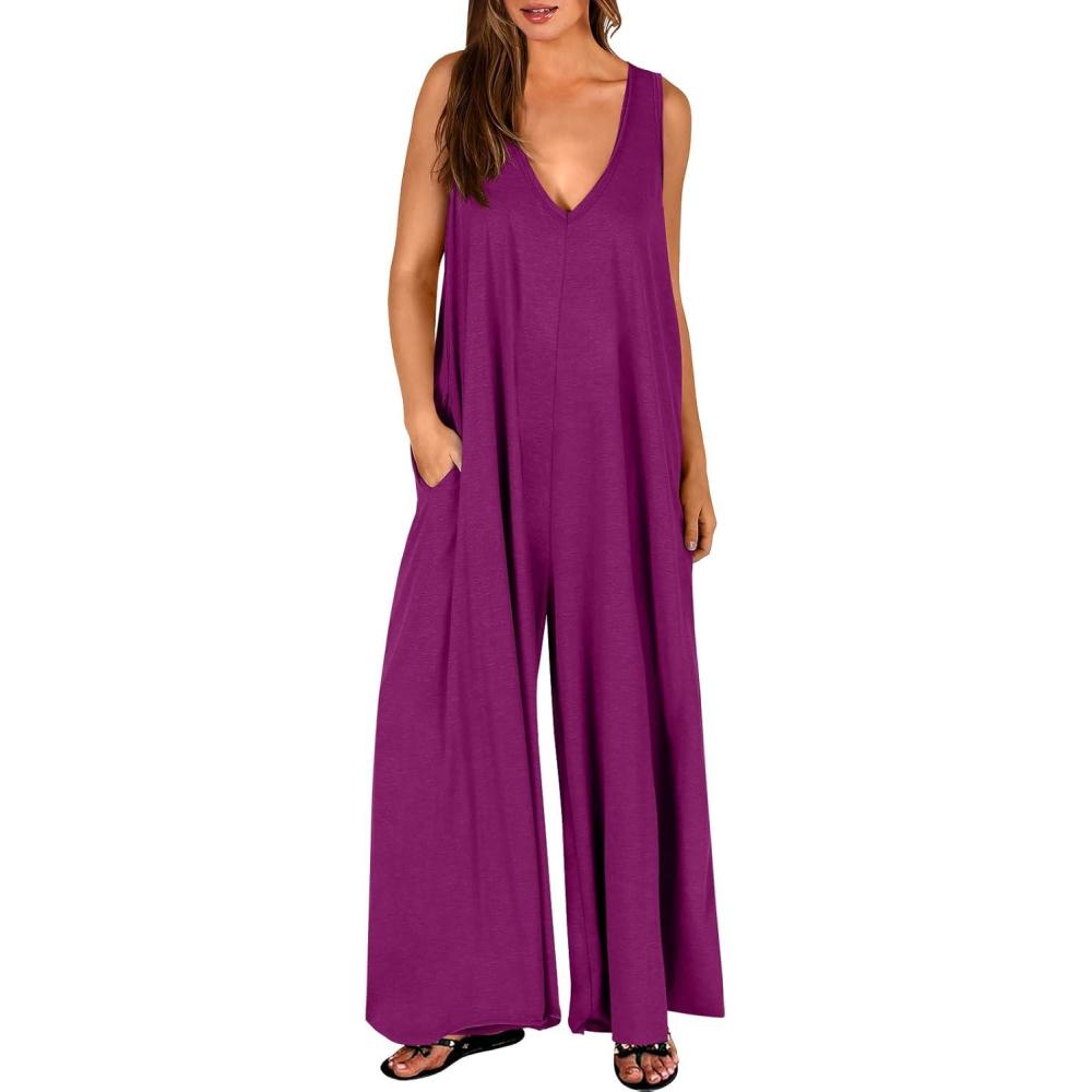 imageANRABESS Womens Casual Summer Loose Jumpsuits Sleeveless Tank V Neck Wide Leg Long Pant Rompers Baggy Jumper with PocketsDark Purple