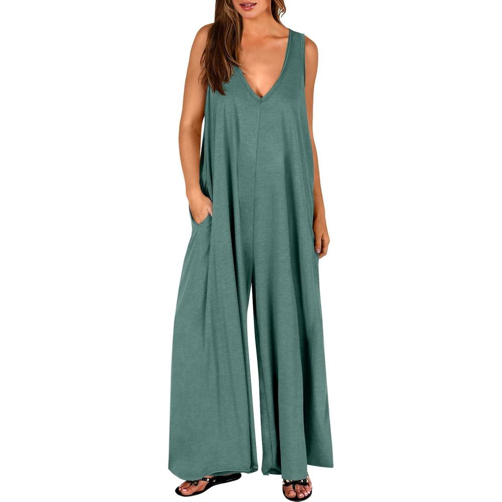 imageANRABESS Womens Casual Summer Loose Jumpsuits Sleeveless Tank V Neck Wide Leg Long Pant Rompers Baggy Jumper with PocketsGreen