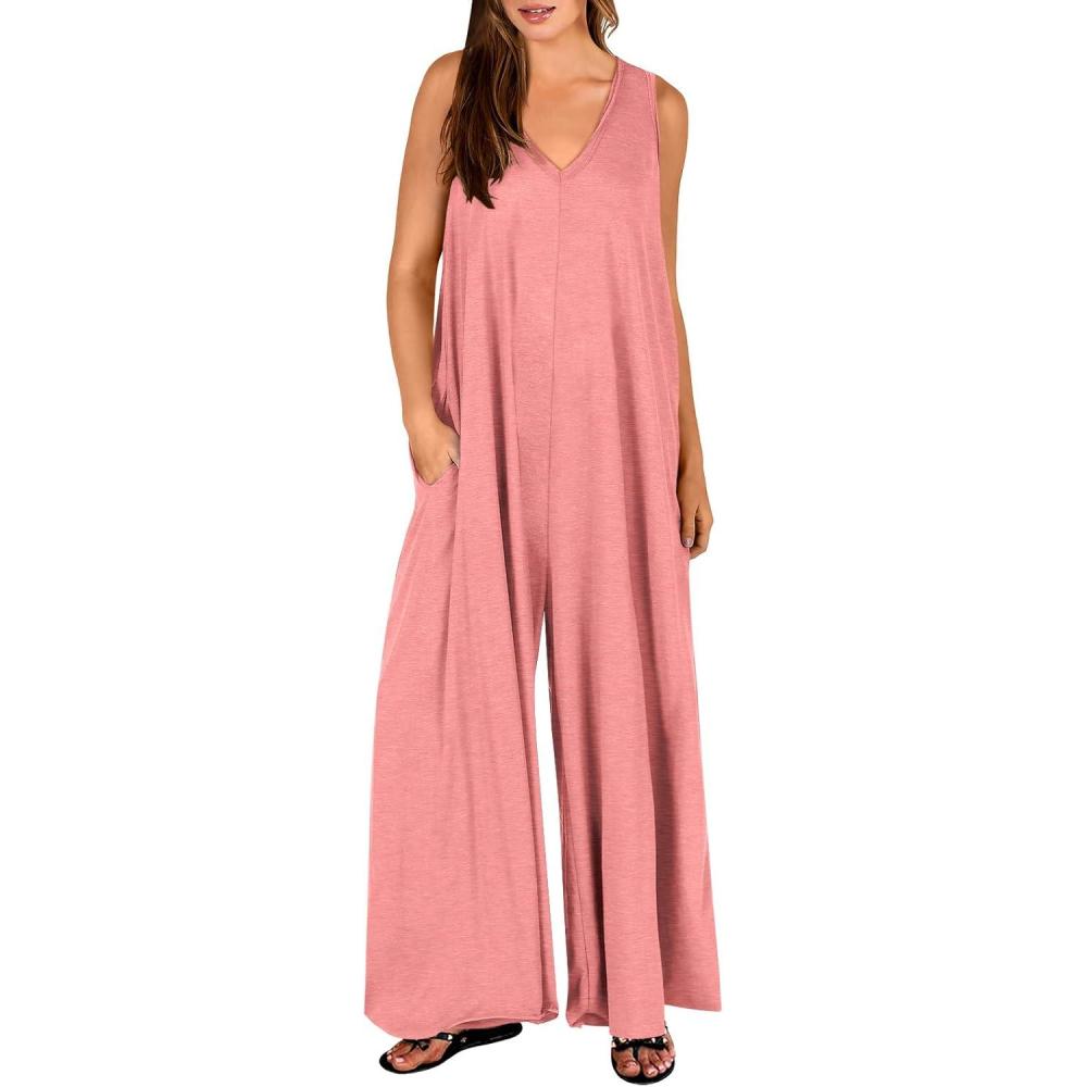 imageANRABESS Womens Casual Summer Loose Jumpsuits Sleeveless Tank V Neck Wide Leg Long Pant Rompers Baggy Jumper with PocketsPink