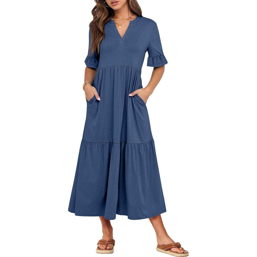imageANRABESS Womens Casual Summer Ruffle Short Sleeve T Shirts Maxi Dress 2025 Fall V Neck Flowy Tiered Boho Beach DressesBlue