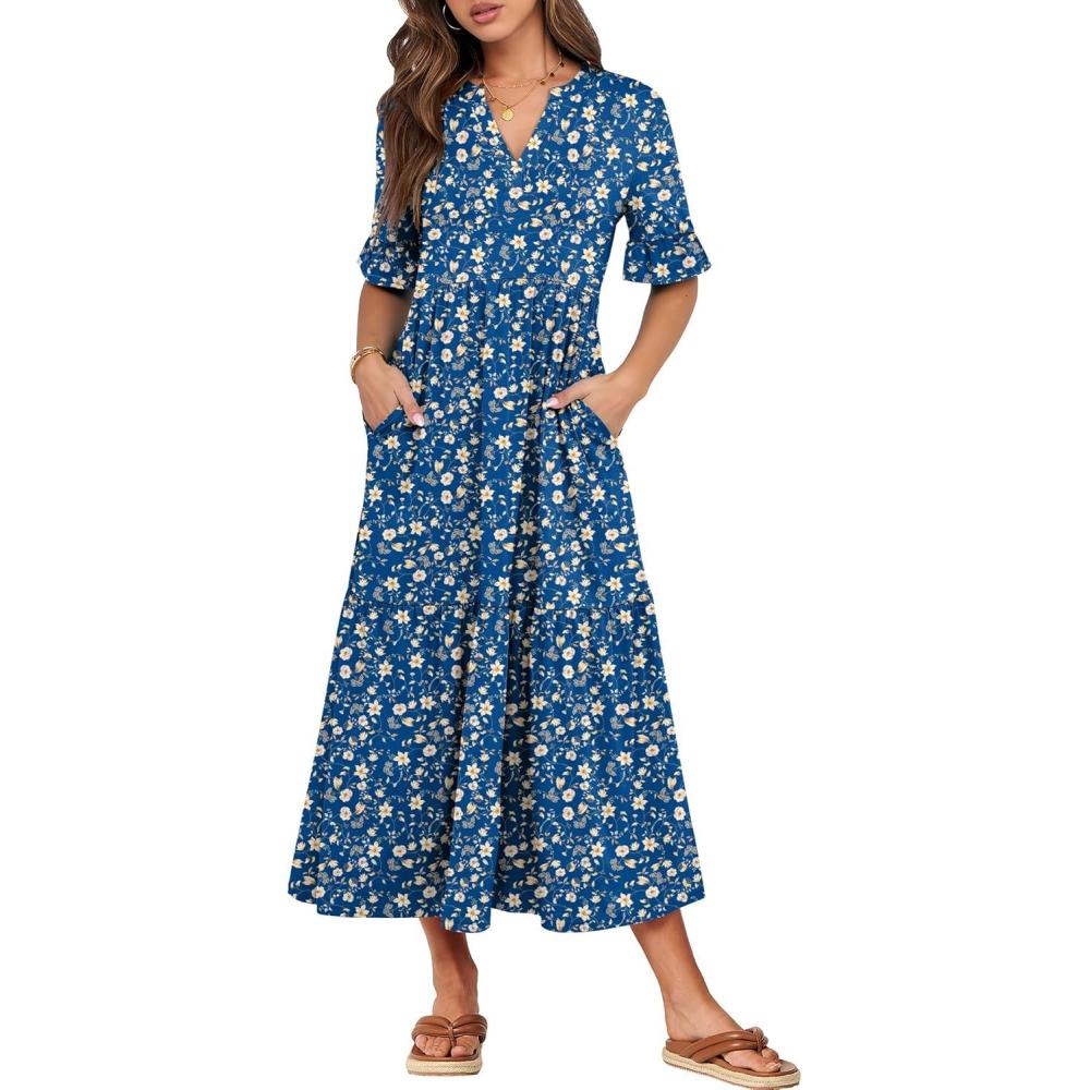 imageANRABESS Womens Casual Summer Ruffle Short Sleeve T Shirts Maxi Dress 2025 Fall V Neck Flowy Tiered Boho Beach DressesBlue Yellow Floral