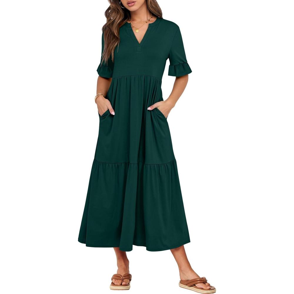 imageANRABESS Womens Casual Summer Ruffle Short Sleeve T Shirts Maxi Dress 2025 Fall V Neck Flowy Tiered Boho Beach DressesDark Green