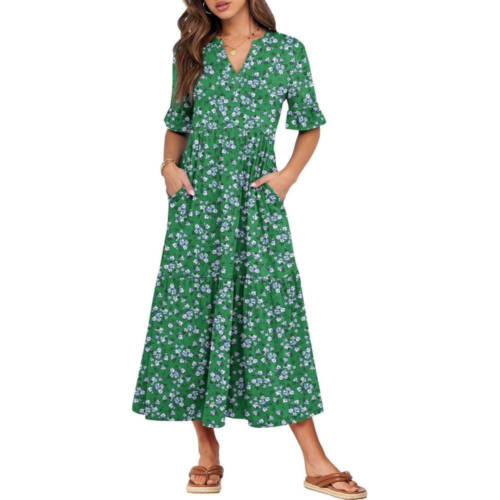 imageANRABESS Womens Casual Summer Ruffle Short Sleeve T Shirts Maxi Dress 2025 Fall V Neck Flowy Tiered Boho Beach DressesGreen Floral