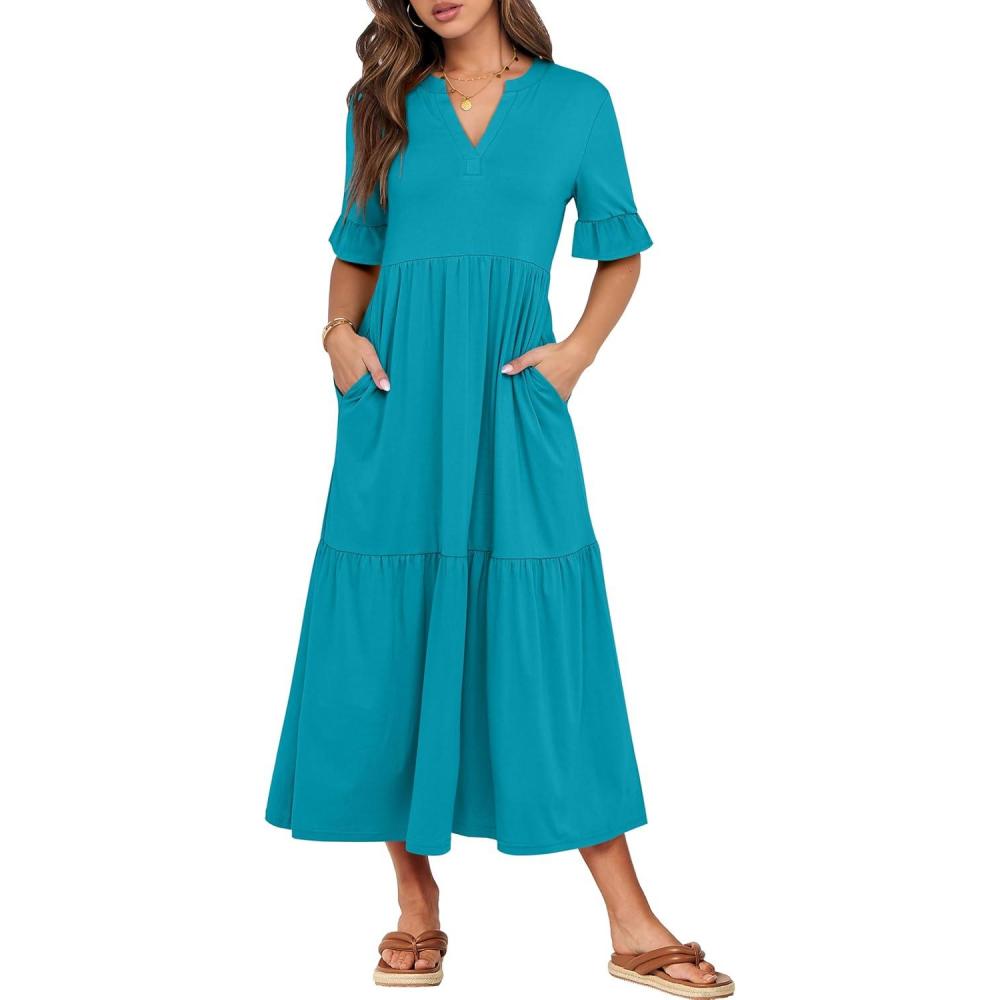 imageANRABESS Womens Casual Summer Ruffle Short Sleeve T Shirts Maxi Dress 2025 Fall V Neck Flowy Tiered Boho Beach DressesLake Green