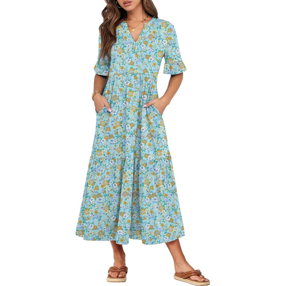 imageANRABESS Womens Casual Summer Ruffle Short Sleeve T Shirts Maxi Dress 2025 Fall V Neck Flowy Tiered Boho Beach DressesLight Green Floral