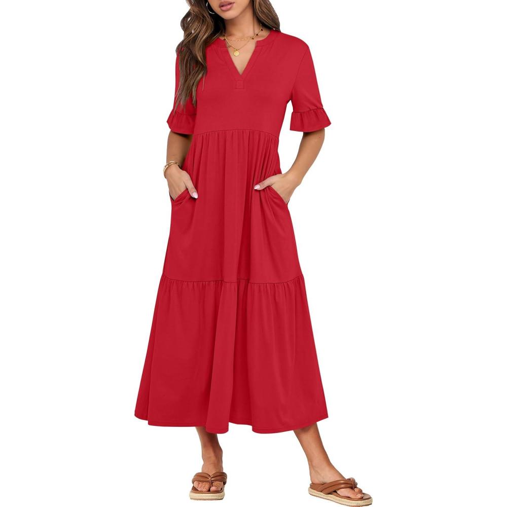 imageANRABESS Womens Casual Summer Ruffle Short Sleeve T Shirts Maxi Dress 2025 Fall V Neck Flowy Tiered Boho Beach DressesRed