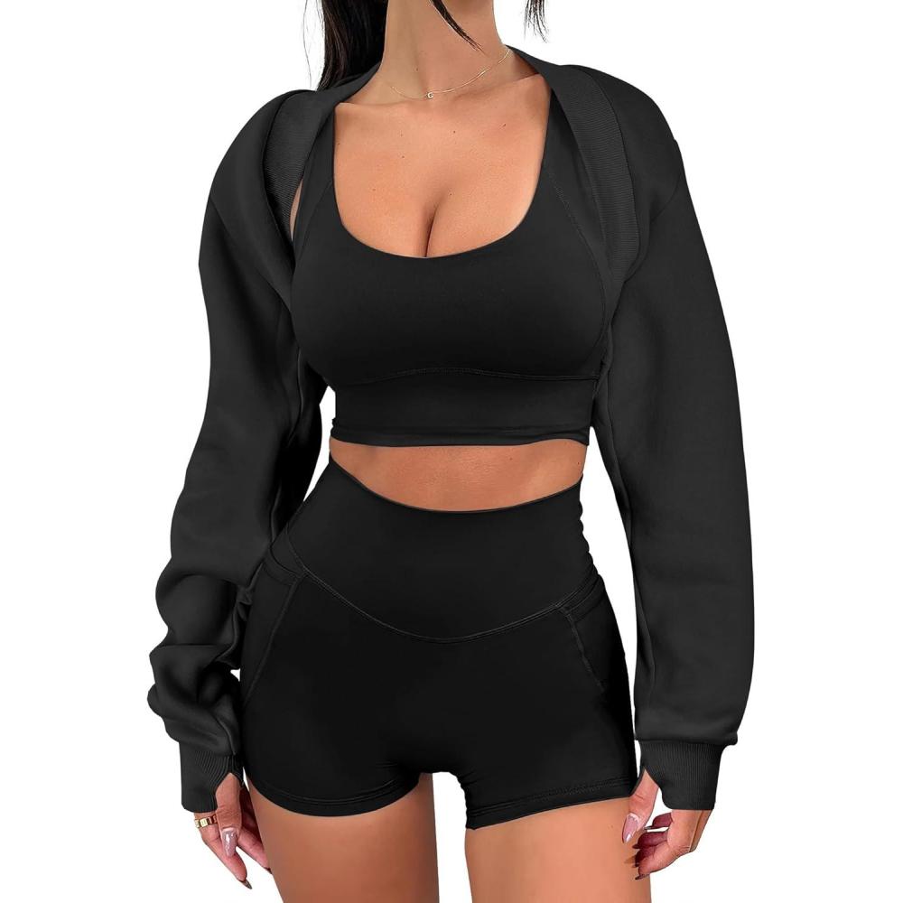 imageANRABESS Womens Cropped Sweatshirt Long Sleeve Bolero Cardigan Open Front Shrug Workout Thumb Hole Y2K Tops Preppy ClothesBlack
