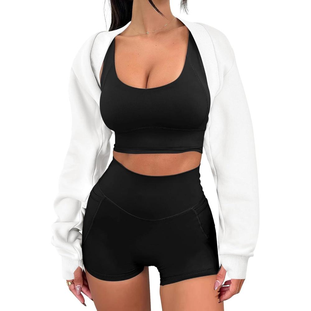 imageANRABESS Womens Cropped Sweatshirt Long Sleeve Bolero Cardigan Open Front Shrug Workout Thumb Hole Y2K Tops Preppy ClothesCream White