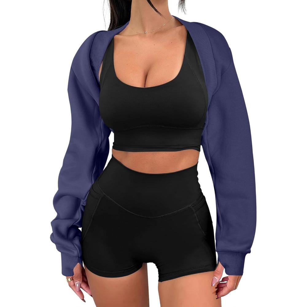 imageANRABESS Womens Cropped Sweatshirt Long Sleeve Bolero Cardigan Open Front Shrug Workout Thumb Hole Y2K Tops Preppy ClothesNavy Blue