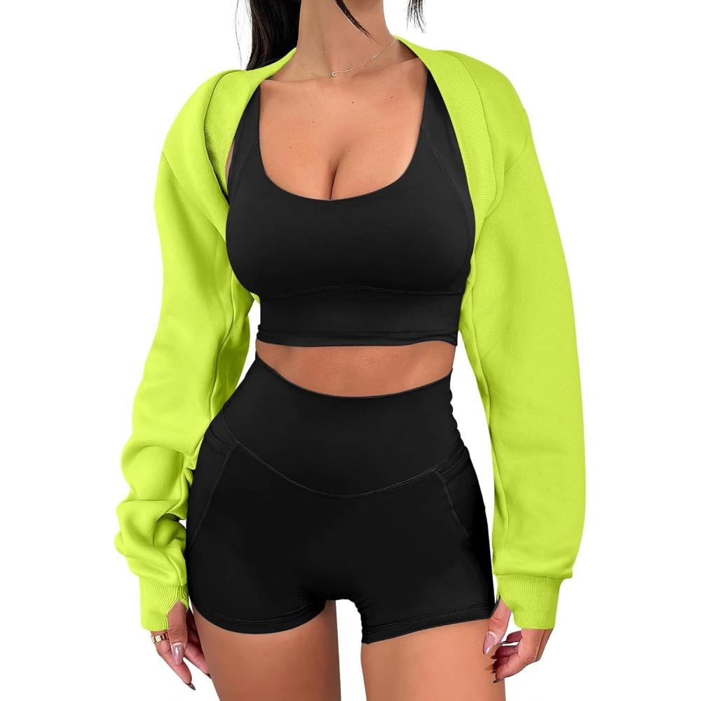 imageANRABESS Womens Cropped Sweatshirt Long Sleeve Bolero Cardigan Open Front Shrug Workout Thumb Hole Y2K Tops Preppy ClothesNeon Green