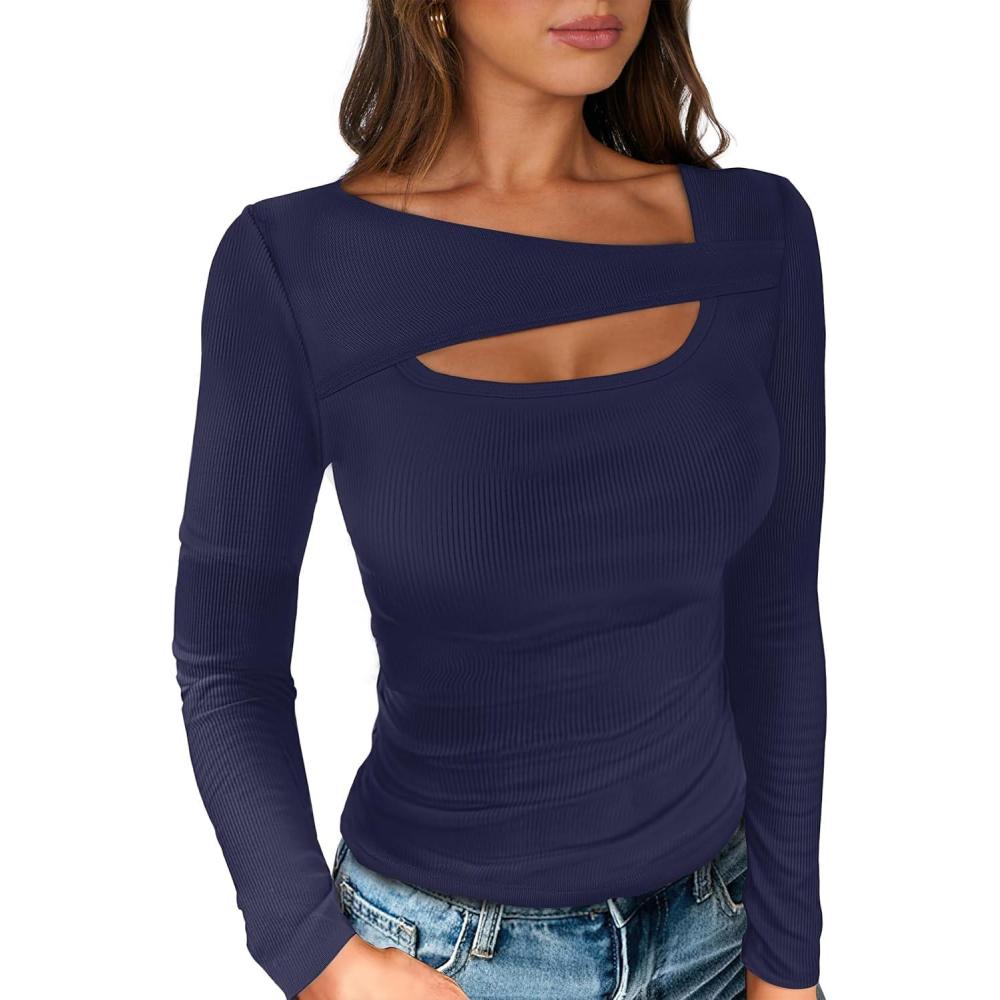 imageANRABESS Womens Cutout Tops Trendy Sexy Long Sleeve Shirts Ribbed Slim Fit Tee 2025 Fall Fashion Going Out Tshirts ClothesNavy Blue