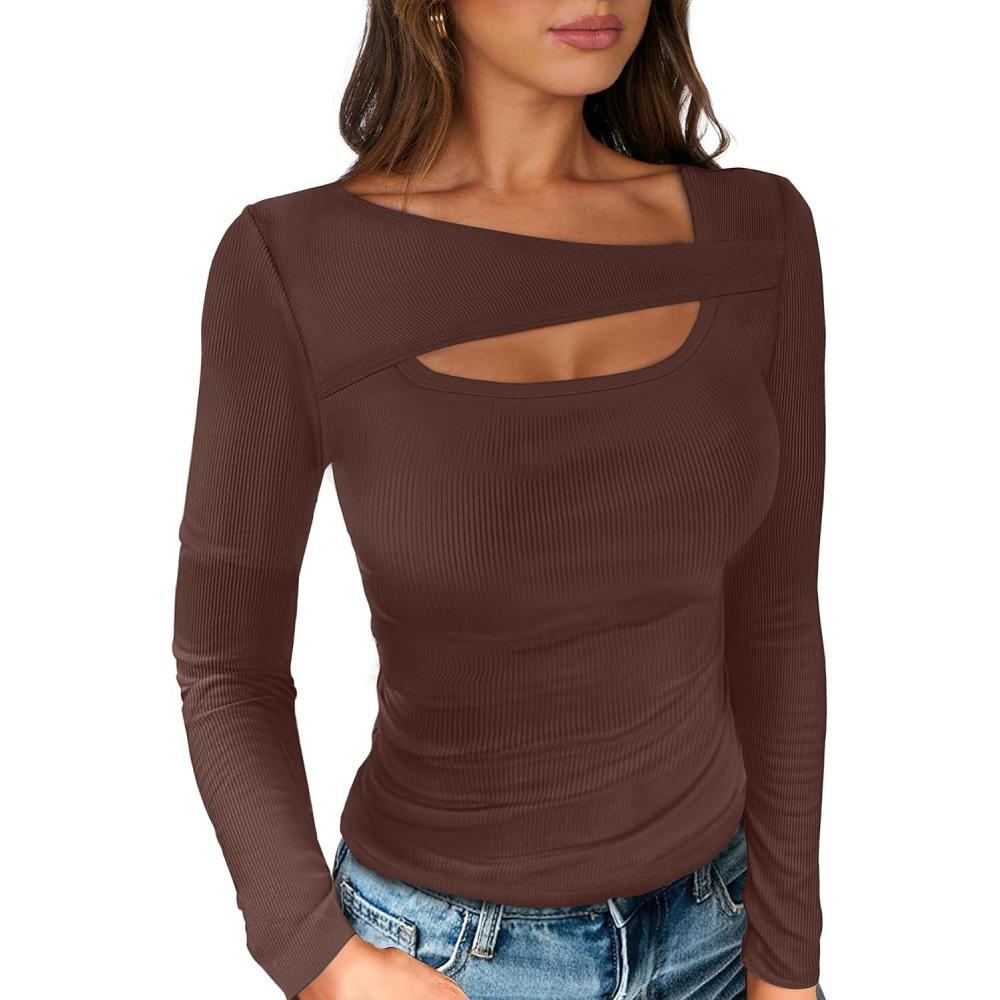 imageANRABESS Womens Cutout Tops Trendy Sexy Long Sleeve Shirts Ribbed Slim Fit Tee 2025 Fall Fashion Going Out Tshirts ClothesRed Brown