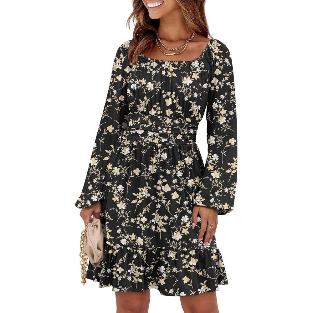 imageANRABESS Womens Dress Long Lantern Sleeve Square Neck Elastic Waist Ruffle Flowy Swing ALine Short Dresses 2025 Fall FashionBlack Floral