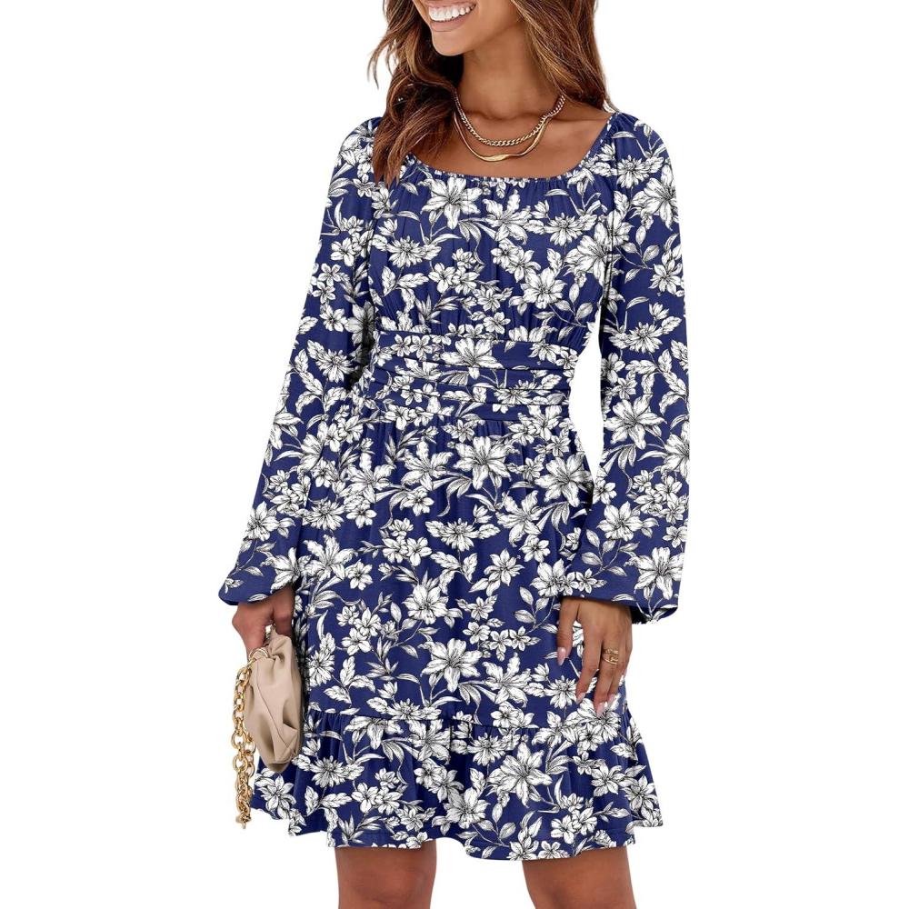 imageANRABESS Womens Dress Long Lantern Sleeve Square Neck Elastic Waist Ruffle Flowy Swing ALine Short Dresses 2025 Fall FashionNavy White Floral
