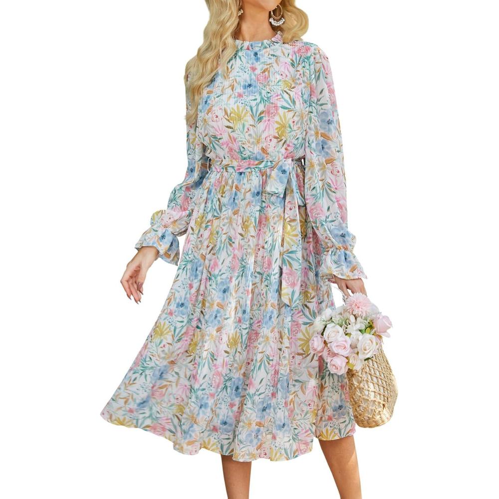 imageANRABESS Womens Floral Chiffon Midi Dress Puff Long Sleeve Mock Neck Summer Wedding Guest Party Dresses Fall 2025 OutfitsFloral Blue Pink