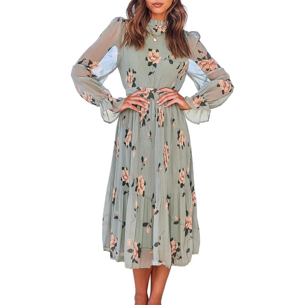 imageANRABESS Womens Floral Chiffon Midi Dress Puff Long Sleeve Mock Neck Summer Wedding Guest Party Dresses Fall 2025 OutfitsFloral Green