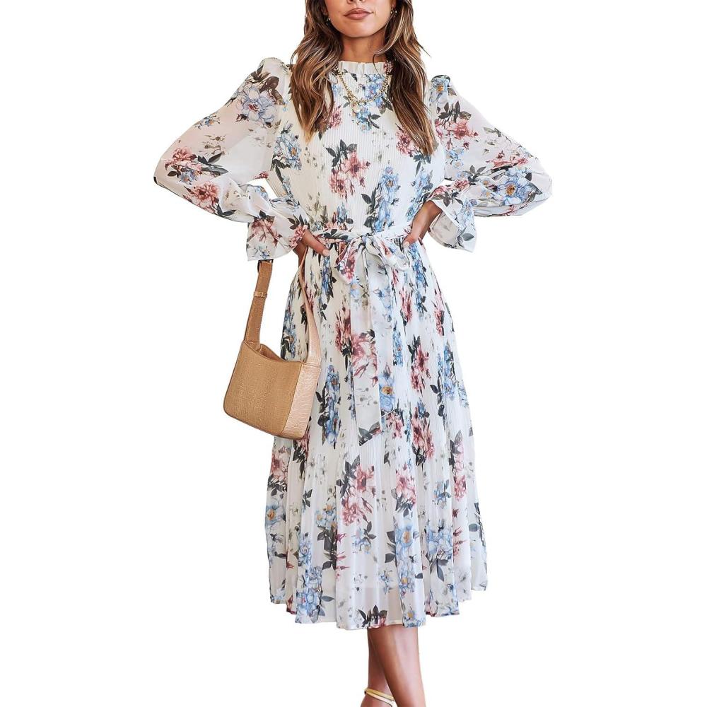 imageANRABESS Womens Floral Chiffon Midi Dress Puff Long Sleeve Mock Neck Summer Wedding Guest Party Dresses Fall 2025 OutfitsFloral White
