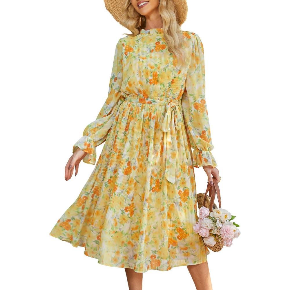 imageANRABESS Womens Floral Chiffon Midi Dress Puff Long Sleeve Mock Neck Summer Wedding Guest Party Dresses Fall 2025 OutfitsFloral Yellow Orange