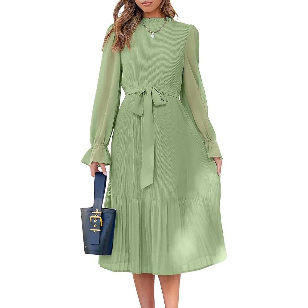 imageANRABESS Womens Floral Chiffon Midi Dress Puff Long Sleeve Mock Neck Summer Wedding Guest Party Dresses Fall 2025 OutfitsGreen