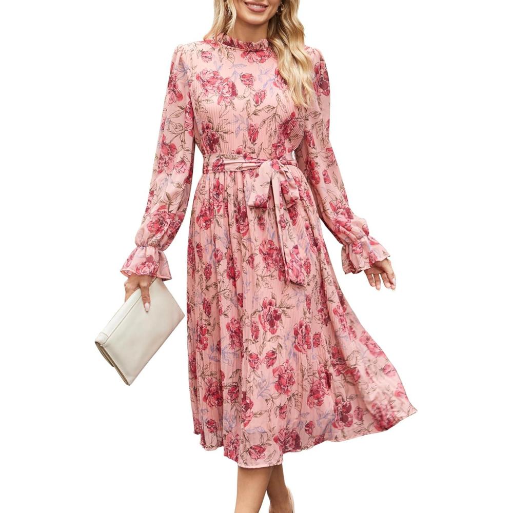 imageANRABESS Womens Floral Chiffon Midi Dress Puff Long Sleeve Mock Neck Summer Wedding Guest Party Dresses Fall 2025 OutfitsPink Red Rose