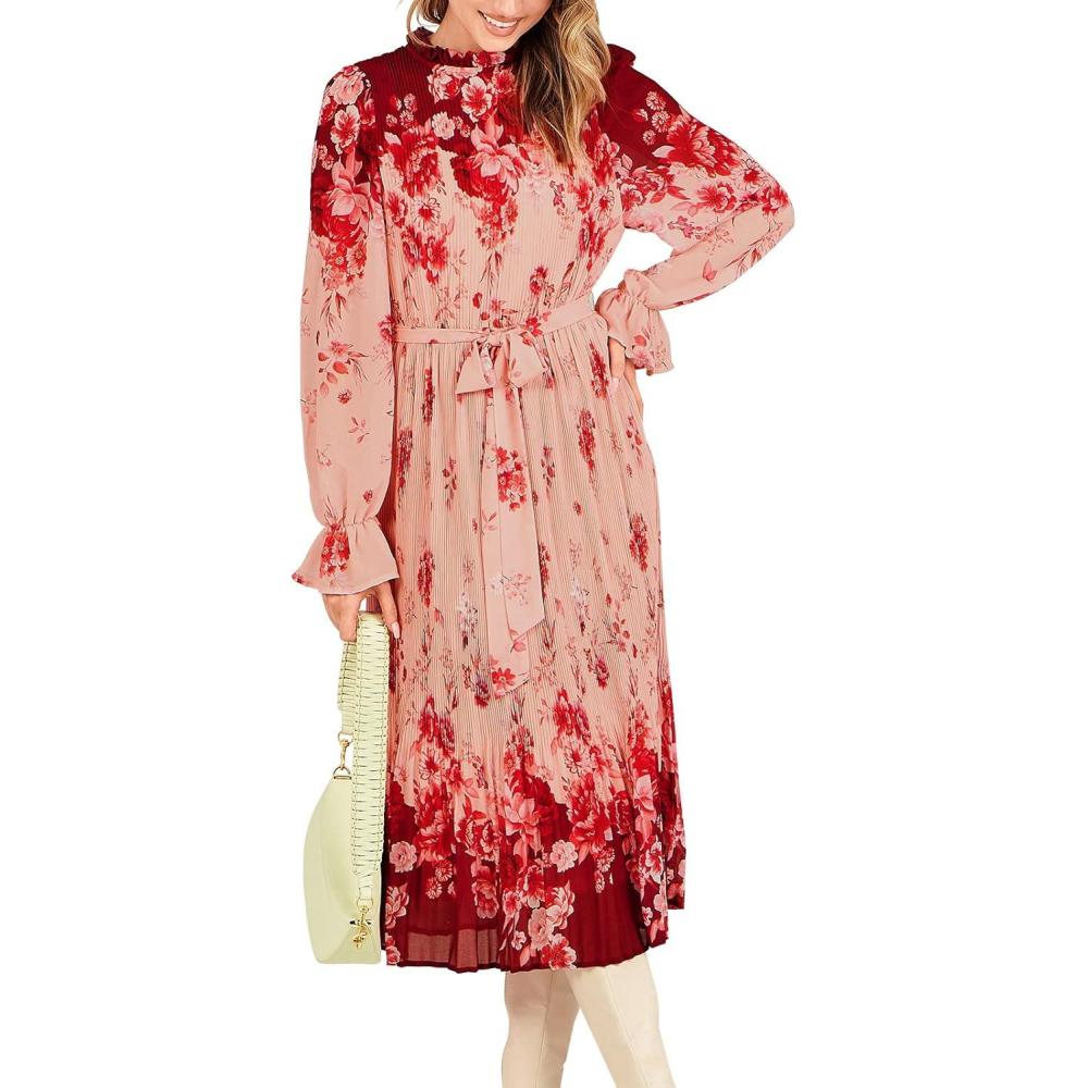 imageANRABESS Womens Floral Chiffon Midi Dress Puff Long Sleeve Mock Neck Summer Wedding Guest Party Dresses Fall 2025 OutfitsRose Pink