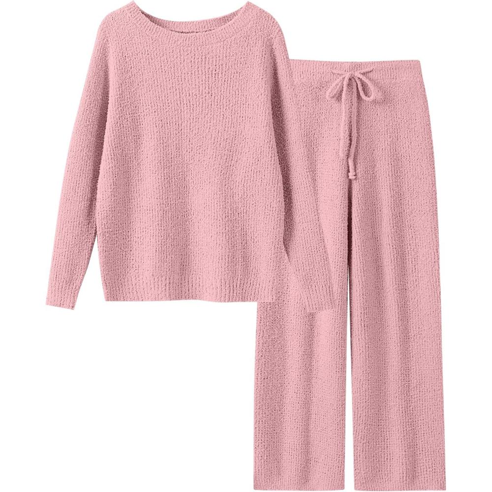 imageANRABESS Womens Fuzzy Fleece Lounge Pajama Set 2 Piece Outfits Long Sleeve Top Sweater Pants Loungewear Pj Sets 2025 FallBlush Pink