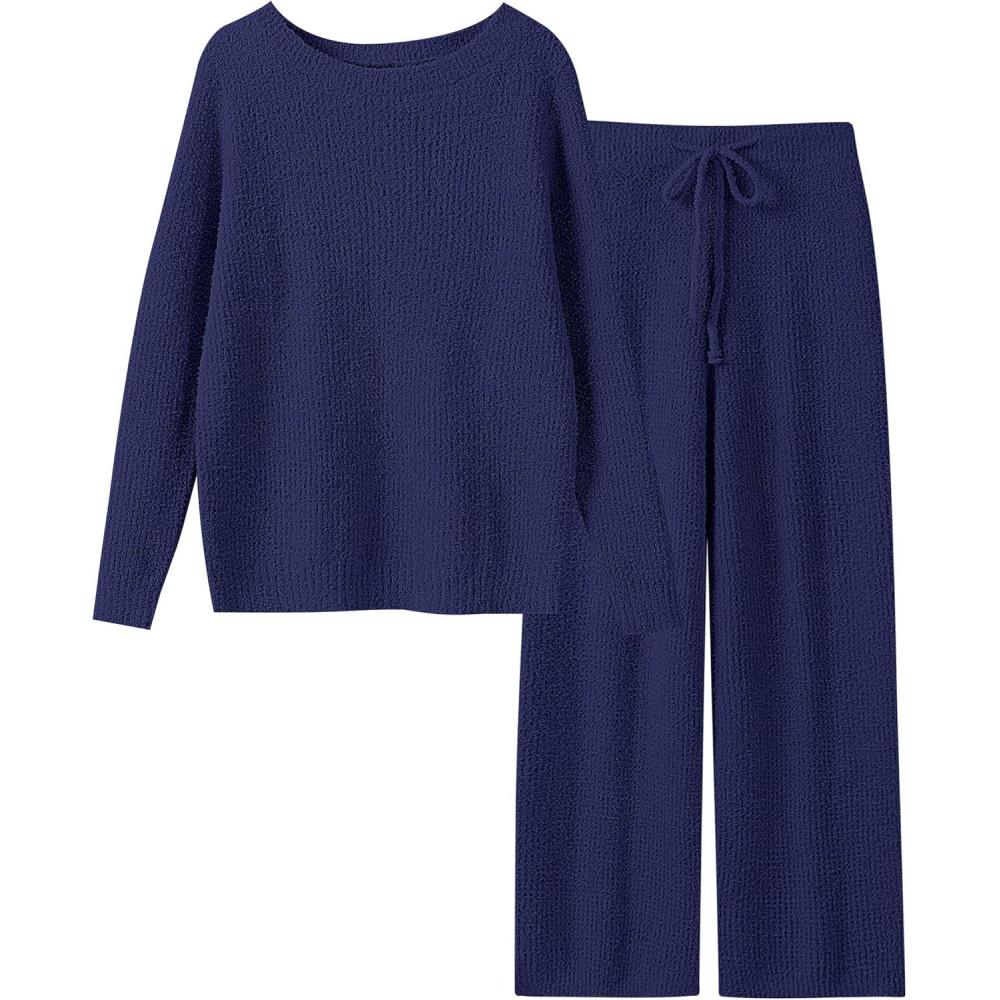 imageANRABESS Womens Fuzzy Fleece Lounge Pajama Set 2 Piece Outfits Long Sleeve Top Sweater Pants Loungewear Pj Sets 2025 FallNavy Blue