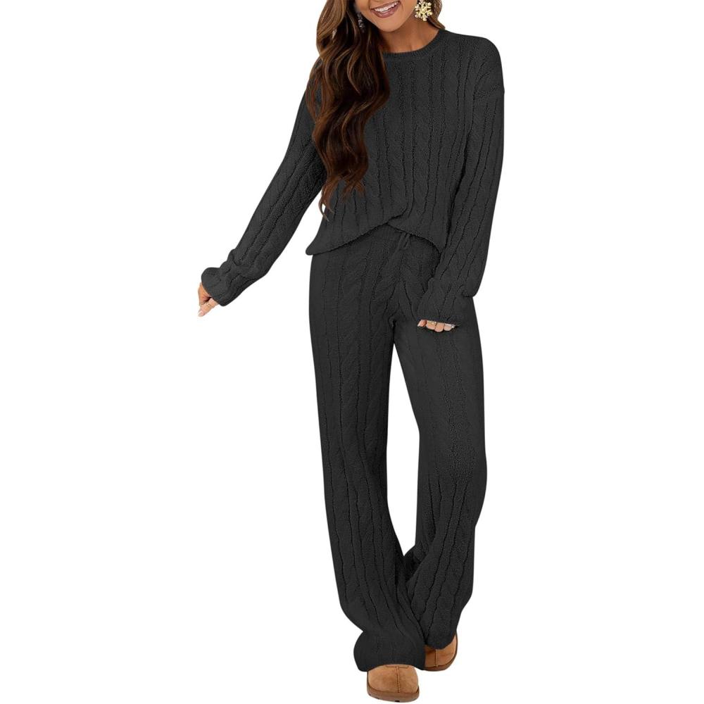 imageANRABESS Womens Fuzzy Fleece Pajama Set 2 Piece Outfits Lounge Knit Oversized Sweater Pj Sets 2025 Fall Winter LoungewearBlack