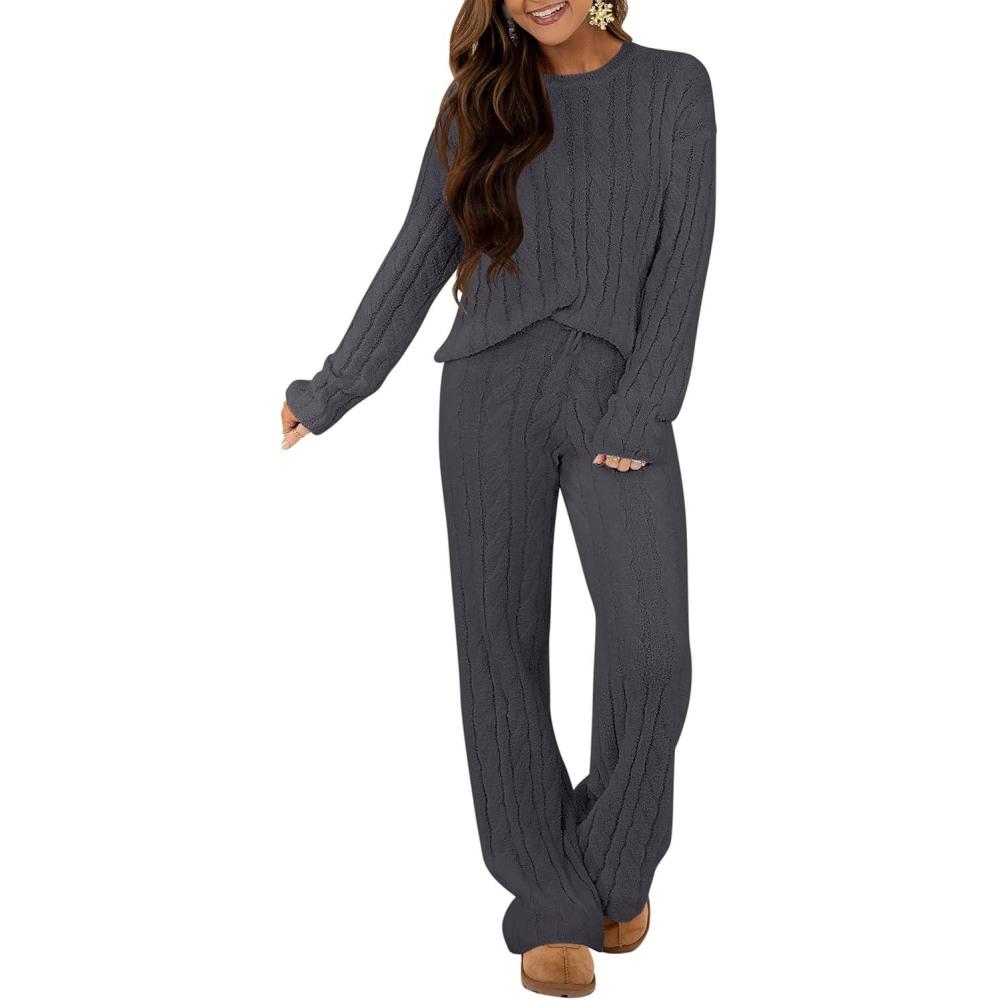 imageANRABESS Womens Fuzzy Fleece Pajama Set 2 Piece Outfits Lounge Knit Oversized Sweater Pj Sets 2025 Fall Winter LoungewearDeep Gray