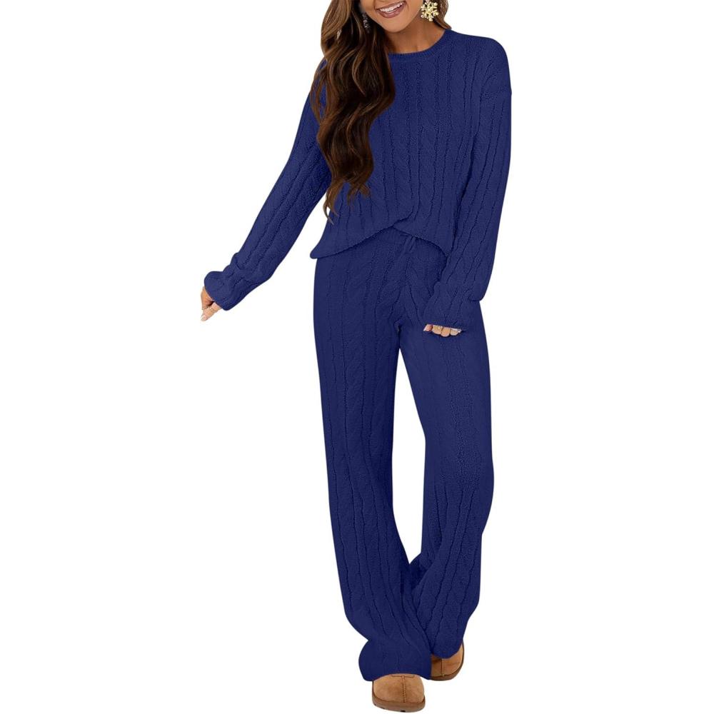 imageANRABESS Womens Fuzzy Fleece Pajama Set 2 Piece Outfits Lounge Knit Oversized Sweater Pj Sets 2025 Fall Winter LoungewearNavy Blue