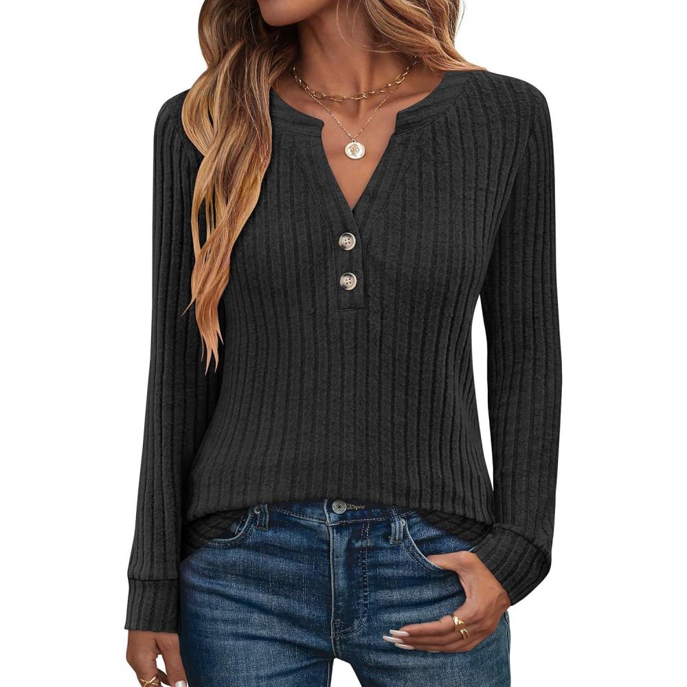 imageANRABESS Womens Henley Shirts Long Sleeve Tunic Tops 2025 Fall Fashion Outfits Ribbed Knit Sweaters Ladies Casual ClothesBlack