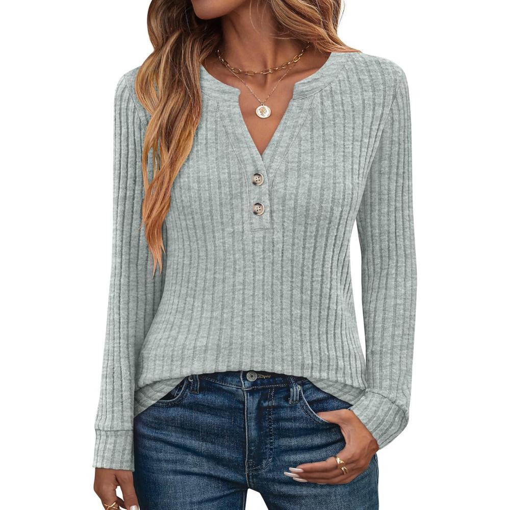imageANRABESS Womens Henley Shirts Long Sleeve Tunic Tops 2025 Fall Fashion Outfits Ribbed Knit Sweaters Ladies Casual ClothesGreen