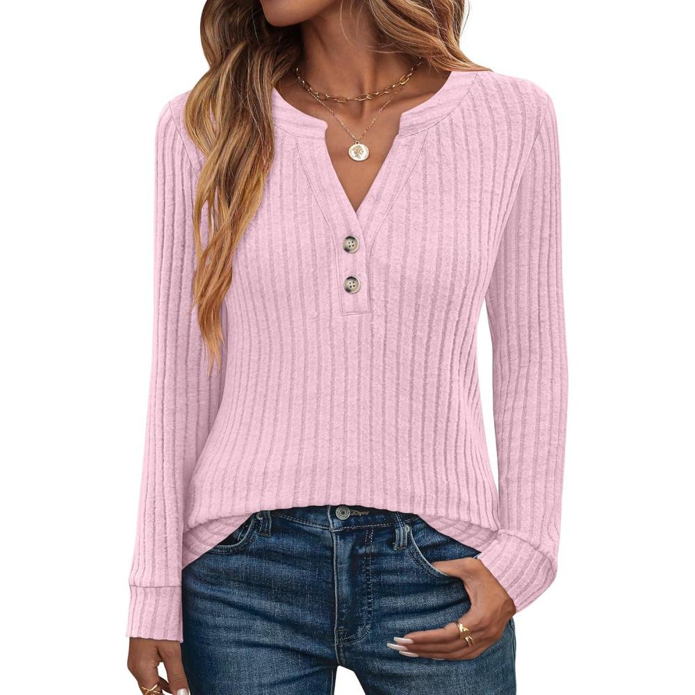 imageANRABESS Womens Henley Shirts Long Sleeve Tunic Tops 2025 Fall Fashion Outfits Ribbed Knit Sweaters Ladies Casual ClothesPink