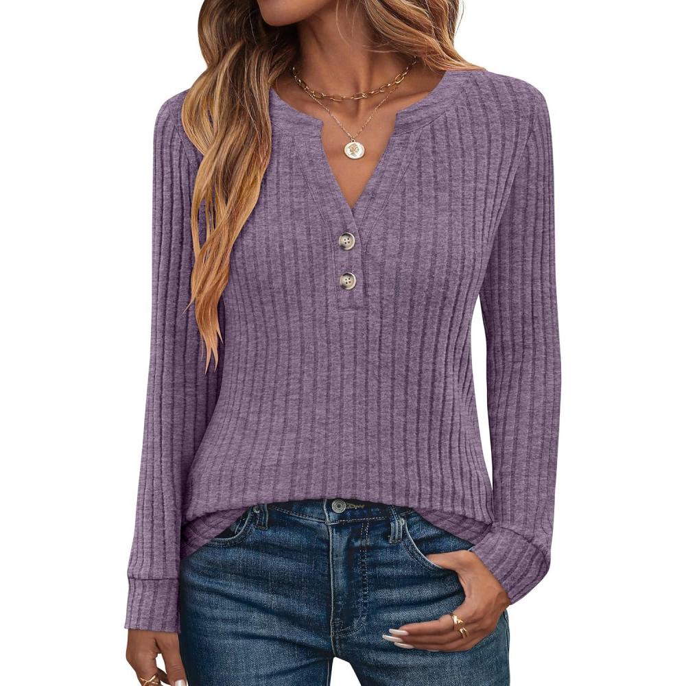 imageANRABESS Womens Henley Shirts Long Sleeve Tunic Tops 2025 Fall Fashion Outfits Ribbed Knit Sweaters Ladies Casual ClothesPurple