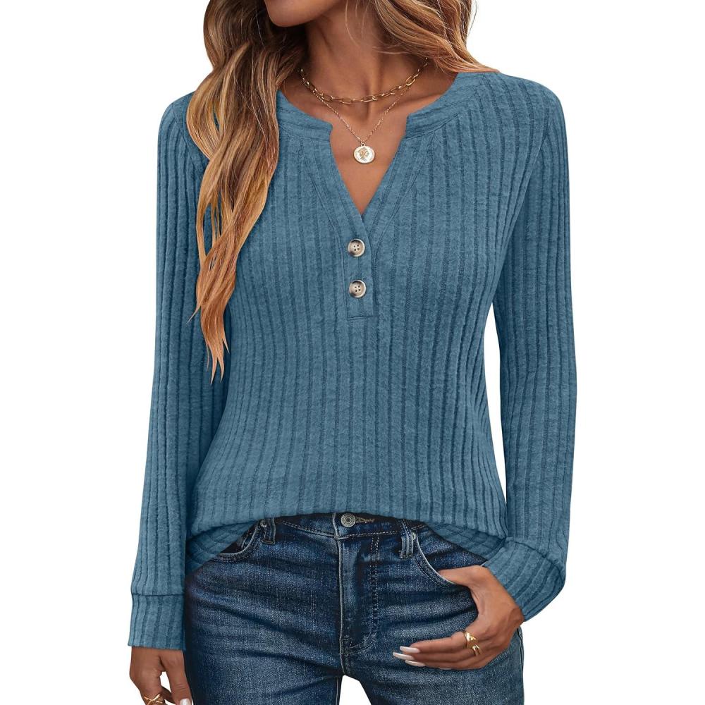 imageANRABESS Womens Henley Shirts Long Sleeve Tunic Tops 2025 Fall Fashion Outfits Ribbed Knit Sweaters Ladies Casual ClothesTeal