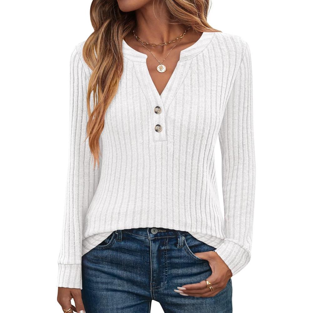 imageANRABESS Womens Henley Shirts Long Sleeve Tunic Tops 2025 Fall Fashion Outfits Ribbed Knit Sweaters Ladies Casual ClothesWhite