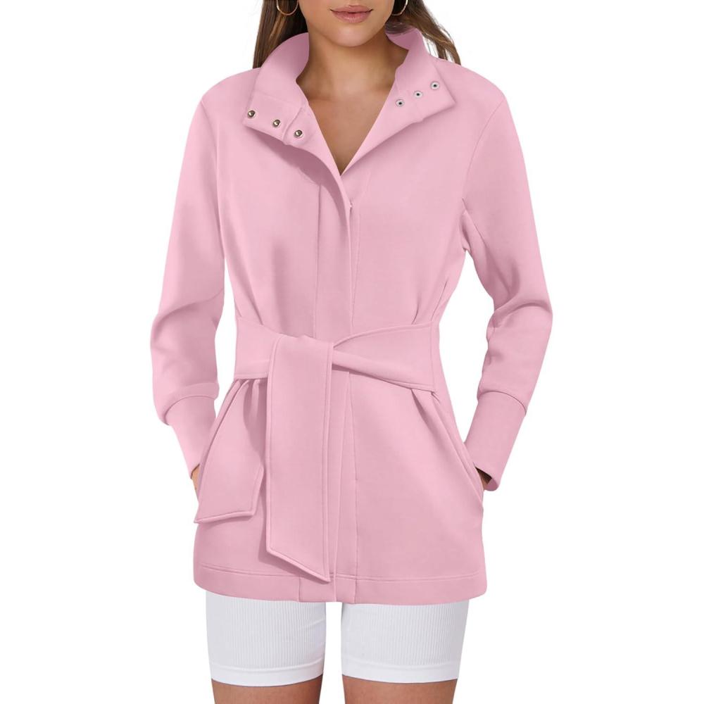 imageANRABESS Womens Jacket Belted Long Sleeve Wrap Trench Coat 2025 Fall Winter Casual Dressy Travel Outerwear with PocketsLight Pink