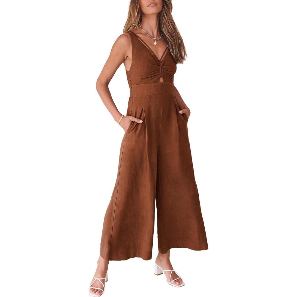 imageANRABESS Womens Jumpsuits Summer Wide Leg Sleeveless V Neck Casual Dressy Linen Pants Rompers 2025 Vacation Beach OutfitsCaramel